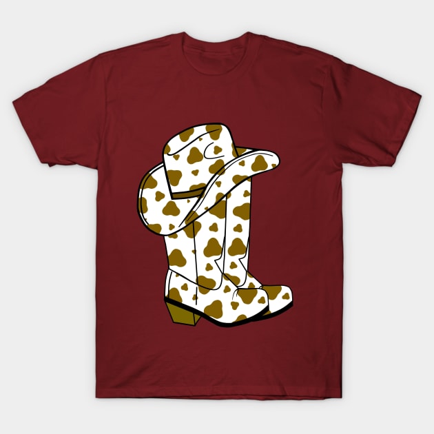 BROWN Cow Spots Cowboy Boots And Hat T-Shirt by SartorisArt1